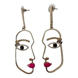 Abstract Face Earrings Wire Face Dangle Earrings Color Gold with Stones